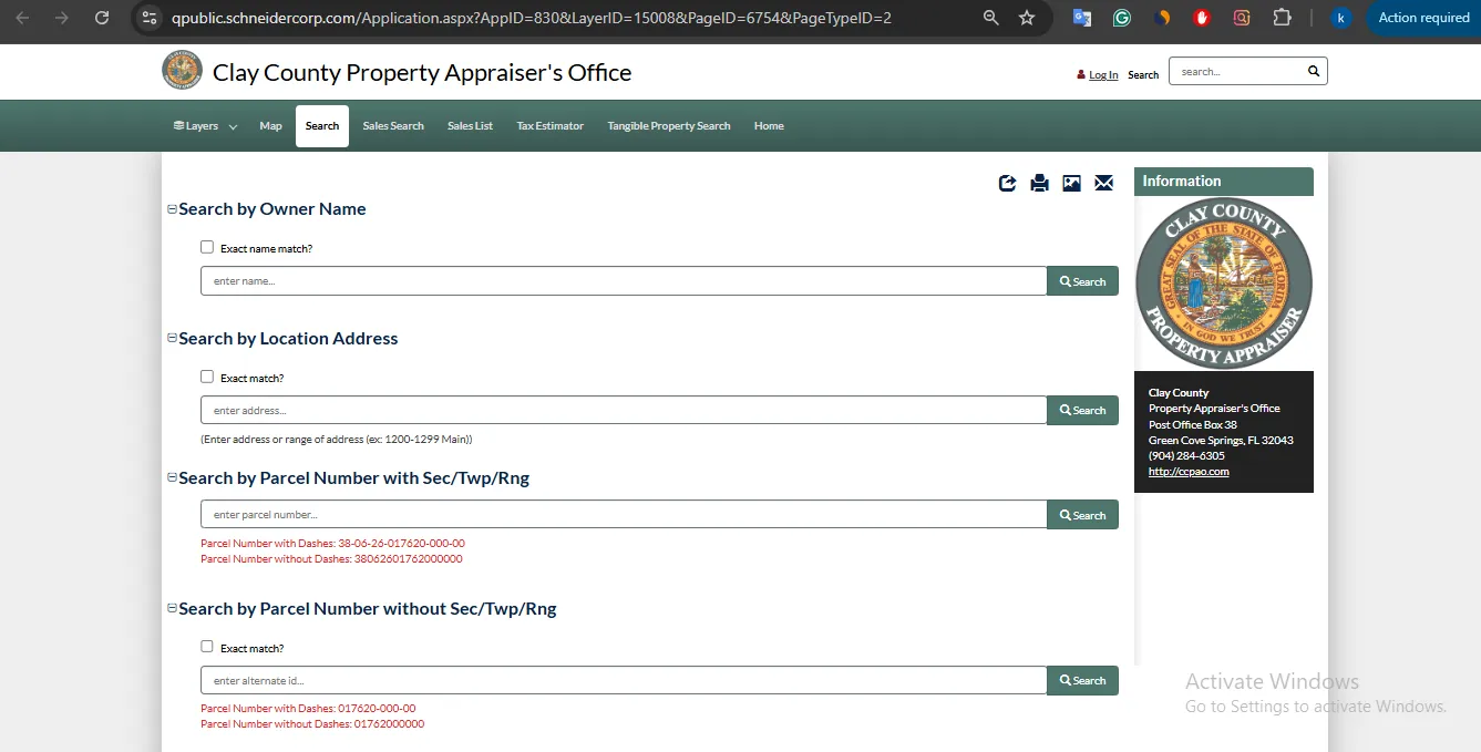Clay County Property Appraiser QPublic property search page showing owner name location address and parcel number lookup options