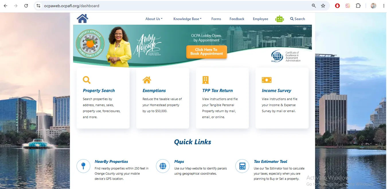 Orange County Property Appraiser dashboard showing property search exemptions and quick links
