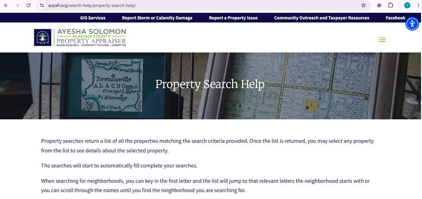 Alachua County Property Appraiser property search page for owner address and parcel number lookup