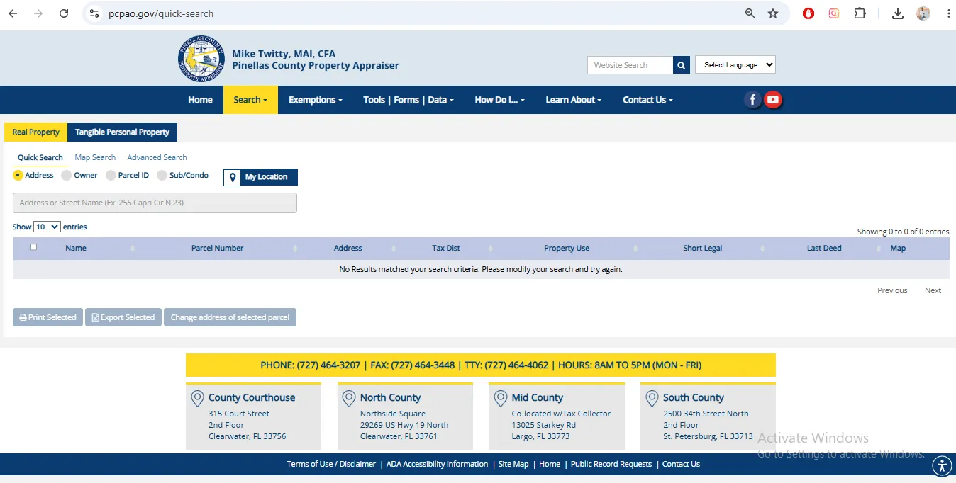 Pinellas County Property Appraiser quick search page for parcel owner address and map lookup