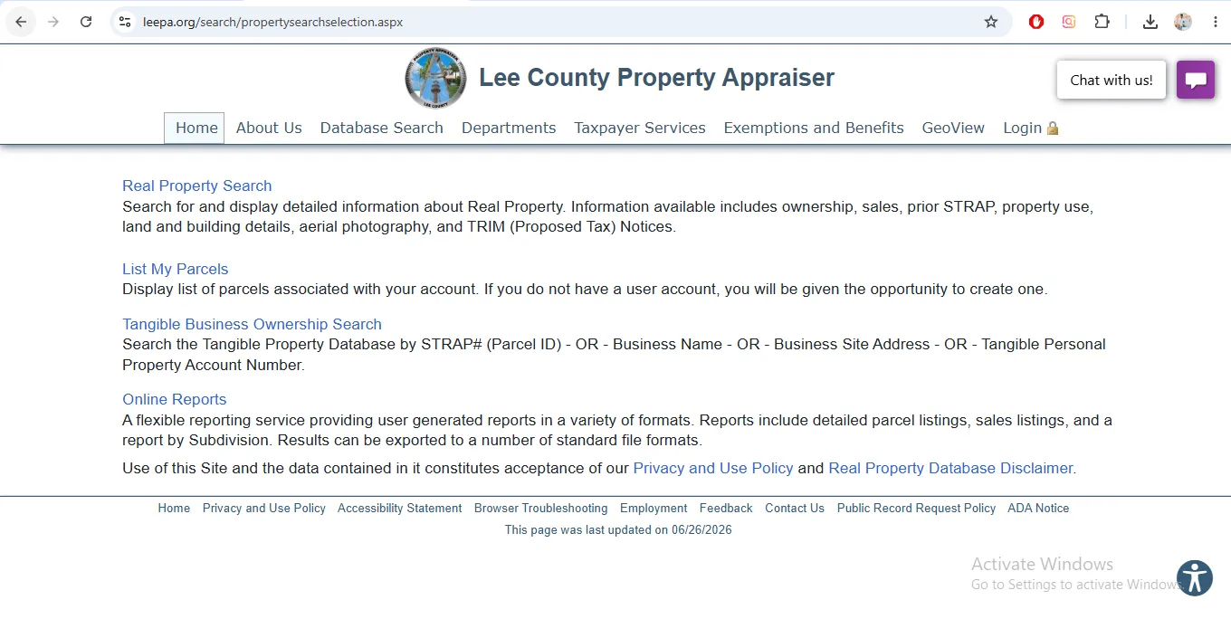 Lee County Property Appraiser real property search page for owner address STRAP and Folio ID lookup