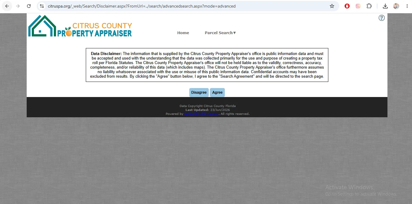 Citrus County Property Appraiser search disclaimer and parcel search screen