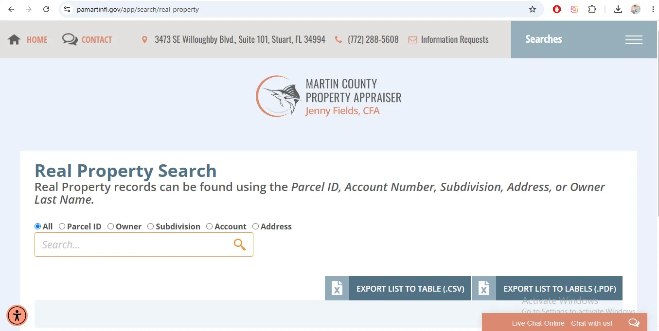 Martin County Property Appraiser real property search page for Parcel ID Account Number owner address and subdivision lookup