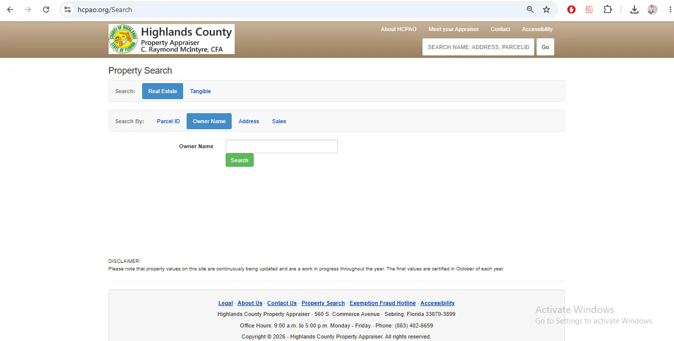 Highlands County Property Appraiser search page showing Parcel ID owner name address and sales lookup options