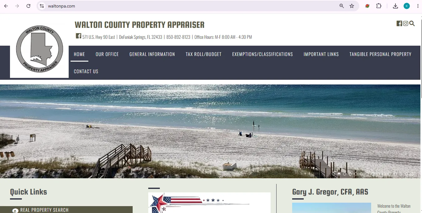 Walton County Property Appraiser real property search page for owner address and parcel lookup