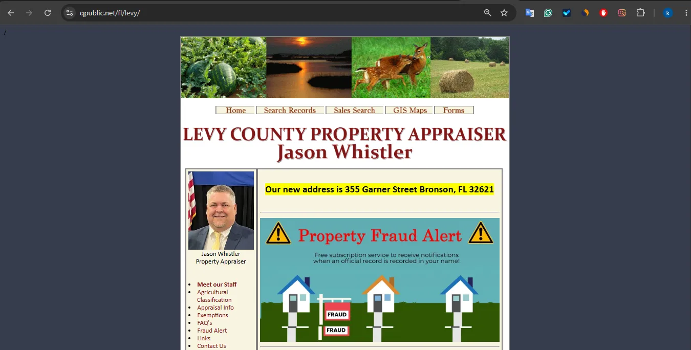 Levy County Property Appraiser property search page for owner address parcel and GIS map lookup