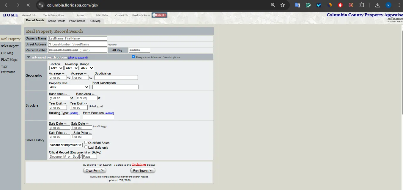 Columbia County Property Appraiser property search page for owner address parcel and GIS map lookup
