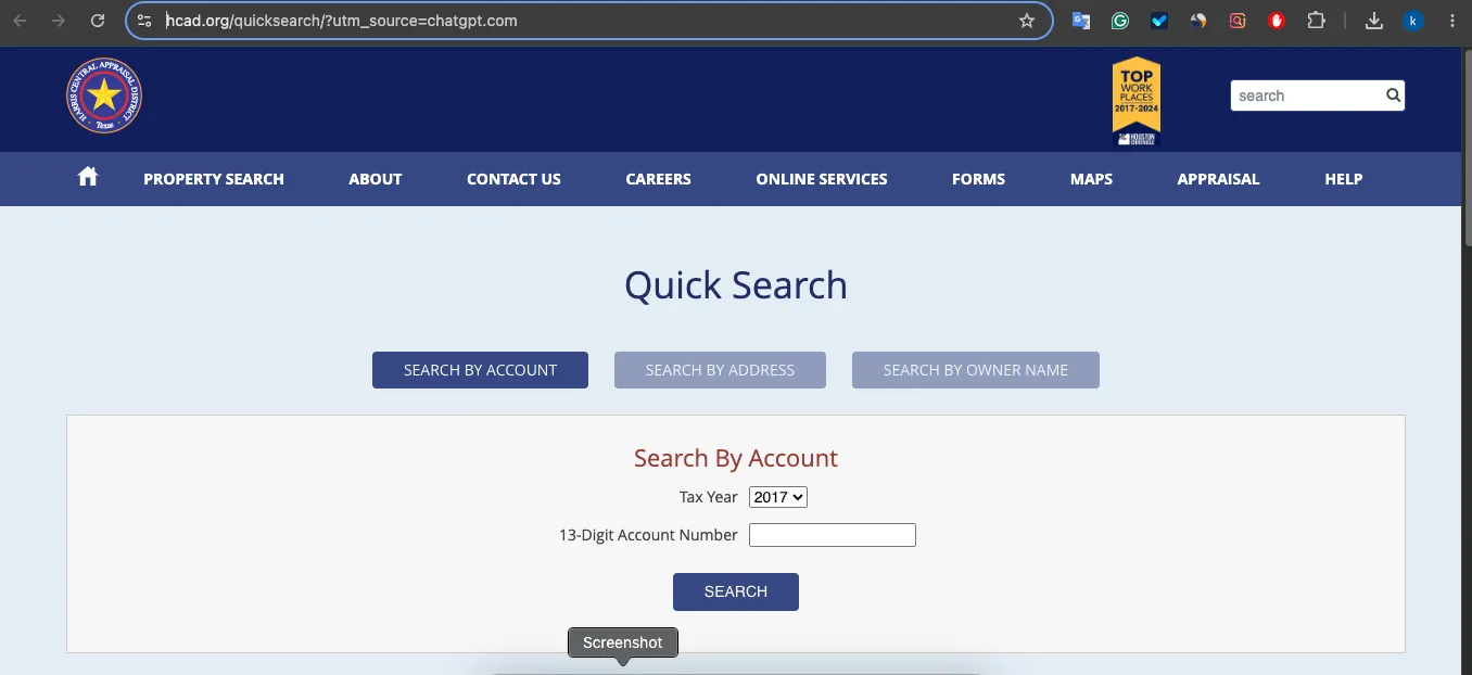 Harris County Appraisal District property search page showing account address and owner name lookup options for HCAD records