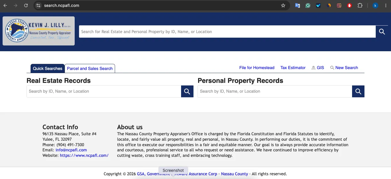 Nassau County Florida Property Appraiser records search page showing real estate owner address parcel and sales lookup options