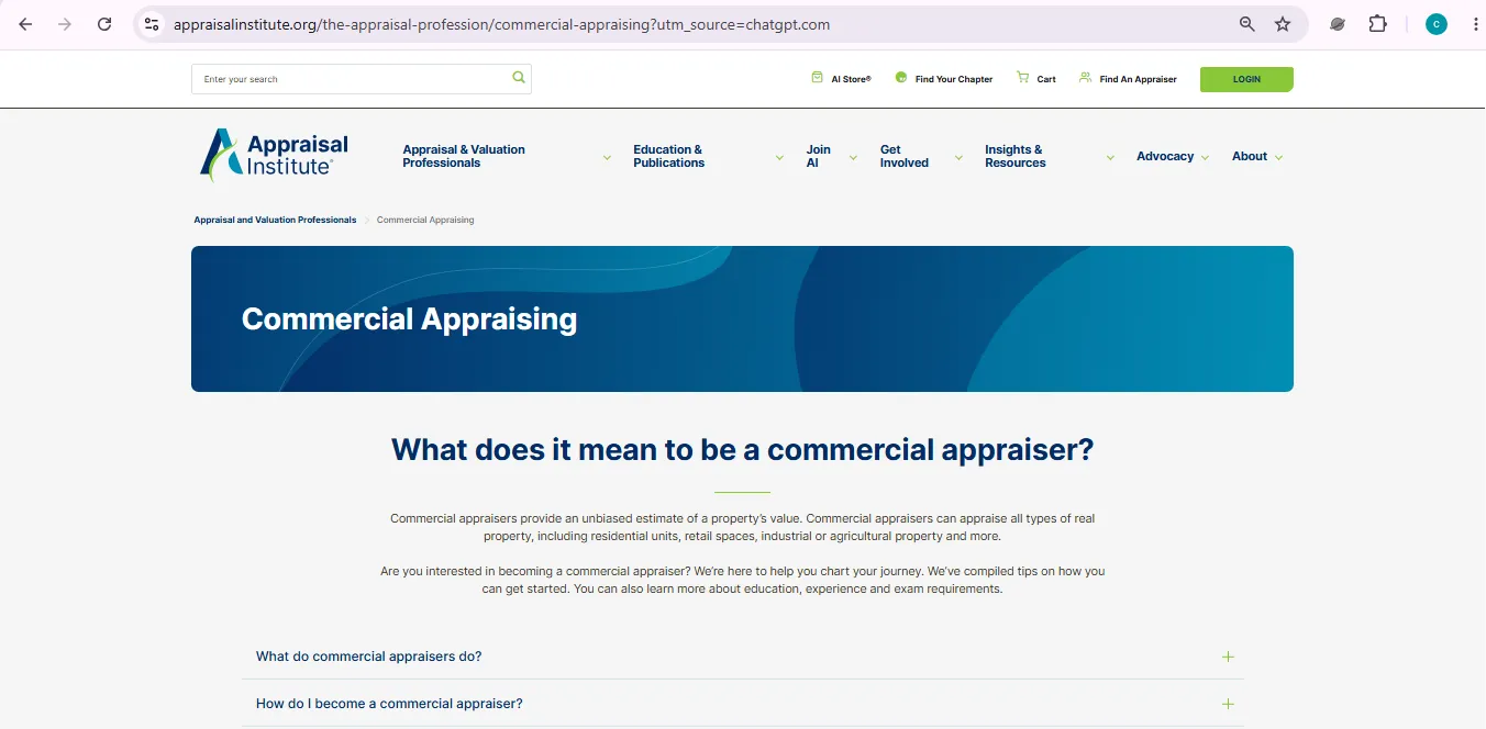 Commercial property appraiser official professional information page explaining commercial appraisal services and valuation work