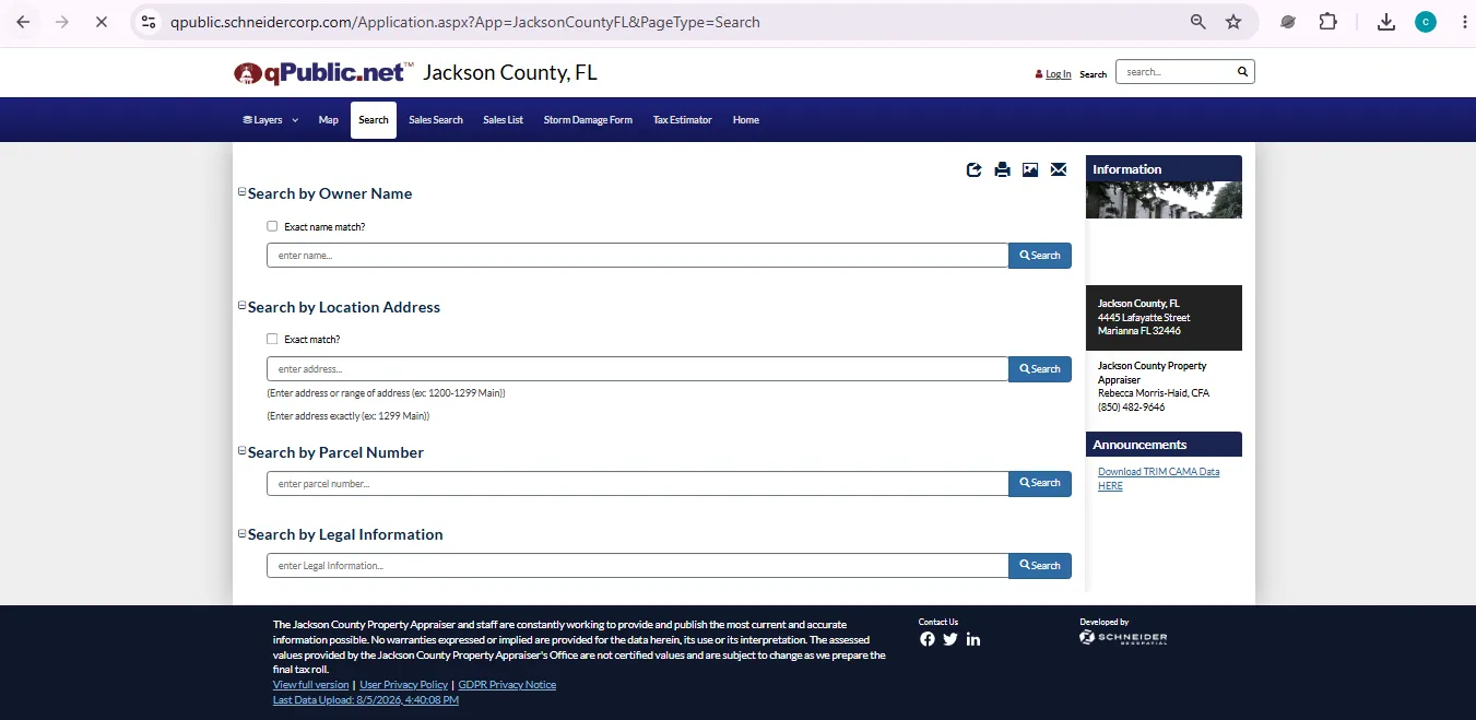 Jackson County Florida property appraiser search page for owner address parcel map and property records lookup